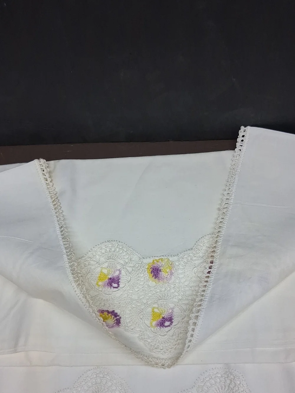 Vtg. Pillowcases Tatted purple & yellow flowers & white lace cottage core estate